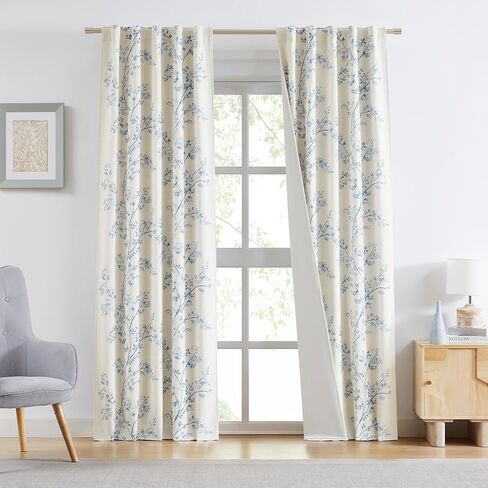 Amzdecor Blue Floral Full Blackout Curtains for Living Room Bedroom Linen Blend Botanical Leaf Print Thermal Insulated Drapes with Liner Back Tab Rod Pocket Farmhouse Window Treatment,2 Panels,40"x84" in Saudi Arabia