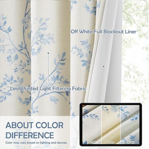 Amzdecor Blue Floral Full Blackout Curtains for Living Room Bedroom Linen Blend Botanical Leaf Print Thermal Insulated Drapes with Liner Back Tab Rod Pocket Farmhouse Window Treatment,2 Panels,40"x84" in Saudi Arabia