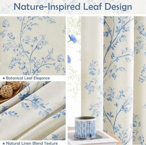 Amzdecor Blue Floral Full Blackout Curtains for Living Room Bedroom Linen Blend Botanical Leaf Print Thermal Insulated Drapes with Liner Back Tab Rod Pocket Farmhouse Window Treatment,2 Panels,40"x84" in Saudi Arabia