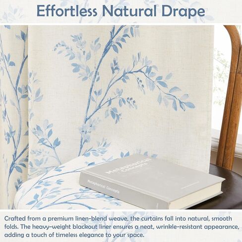 Amzdecor Blue Floral Full Blackout Curtains for Living Room Bedroom Linen Blend Botanical Leaf Print Thermal Insulated Drapes with Liner Back Tab Rod Pocket Farmhouse Window Treatment,2 Panels,40"x84" in Saudi Arabia