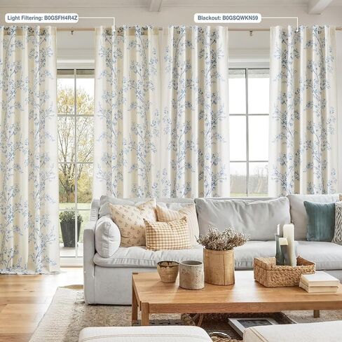 Amzdecor Blue Floral Full Blackout Curtains for Living Room Bedroom Linen Blend Botanical Leaf Print Thermal Insulated Drapes with Liner Back Tab Rod Pocket Farmhouse Window Treatment,2 Panels,40"x84" in Saudi Arabia