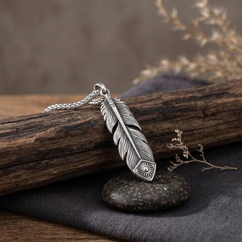 Feather Necklace for Men 925 Sterling Silver Oxidized Native American Style Feather Pendant Necklace Southwestern Jewelry Gift for Him, w/Stainless Steel Chain 22" +2" in Kuwait