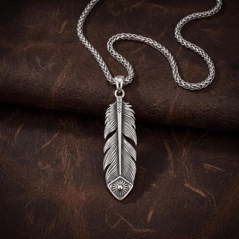 Feather Necklace for Men 925 Sterling Silver Oxidized Native American Style Feather Pendant Necklace Southwestern Jewelry Gift for Him, w/Stainless Steel Chain 22" +2" in Kuwait