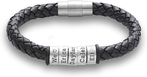 Mens Bracelet Personalized 925 Sterling Silver Beads Handmade Custom Jewelry Leather Accessories Fathers Day Christmas Anniversary Birthday Gifts for Men Him Dad Grandpa Son Kids Husband Boyfriend in Kuwait