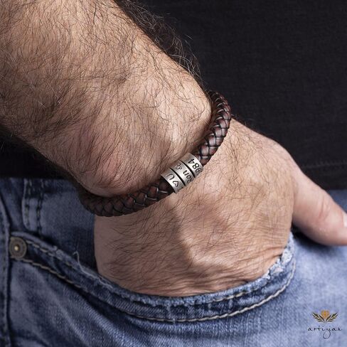 Mens Bracelet Personalized 925 Sterling Silver Beads Handmade Custom Jewelry Leather Accessories Fathers Day Christmas Anniversary Birthday Gifts for Men Him Dad Grandpa Son Kids Husband Boyfriend in Kuwait