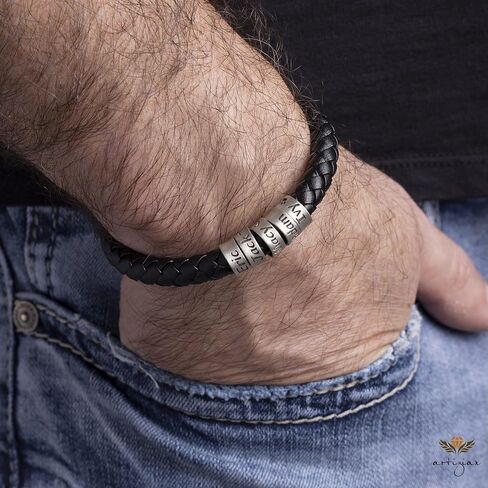 Mens Bracelet Personalized 925 Sterling Silver Beads Handmade Custom Jewelry Leather Accessories Fathers Day Christmas Anniversary Birthday Gifts for Men Him Dad Grandpa Son Kids Husband Boyfriend in Kuwait