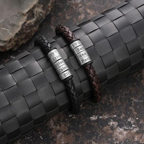 Mens Bracelet Personalized 925 Sterling Silver Beads Handmade Custom Jewelry Leather Accessories Fathers Day Christmas Anniversary Birthday Gifts for Men Him Dad Grandpa Son Kids Husband Boyfriend in Kuwait