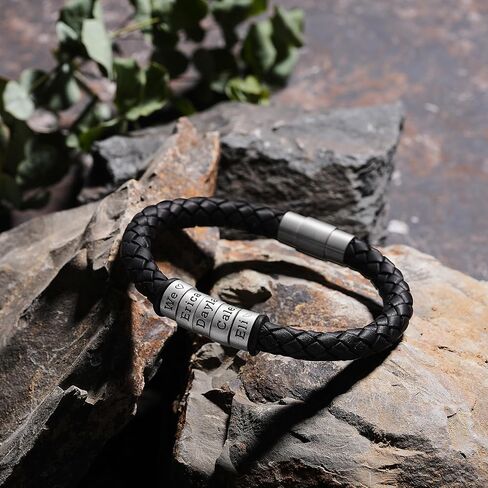 Mens Bracelet Personalized 925 Sterling Silver Beads Handmade Custom Jewelry Leather Accessories Fathers Day Christmas Anniversary Birthday Gifts for Men Him Dad Grandpa Son Kids Husband Boyfriend in Kuwait