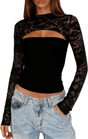 Women’s Lace Long Sleeve Going Out Top Sexy Cut Out Y2K Crew Neck Club Party Night Out Tops Mesh Lace Blouse Shirt in Saudi Arabia