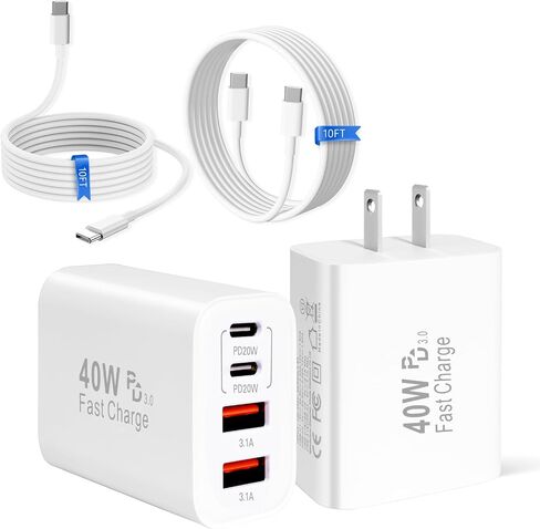 iPhone 16 15 Charger,40W Multiport USB C Charger Fast Charging Block,2Pack 4-Port Type C Phone Chargers Power Adapter 10FT Long Type C Charging Cable for iPhone 16 Pro/16 ProMax/16e/15 ProMax/15 Plus in Kuwait