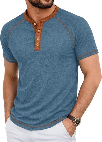 PEGENO Men's Henley Shirts Short Sleeve Summer Casual Mens Shirts Classic Vintage Button T Shirts in Kuwait