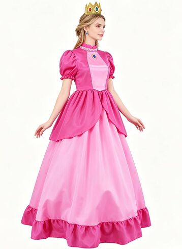 Poboola Pink Princess Costume Cosplay Pink Princess Dress Women's Halloween Party Dress 4PCS Dress with Crown Earrings Gloves in Saudi Arabia