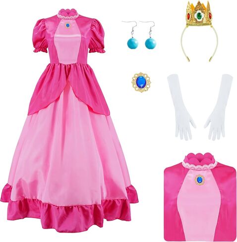 Poboola Pink Princess Costume Cosplay Pink Princess Dress Women's Halloween Party Dress 4PCS Dress with Crown Earrings Gloves in Saudi Arabia