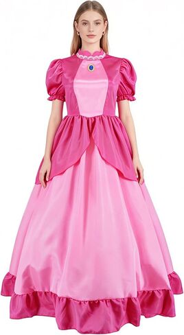 Poboola Pink Princess Costume Cosplay Pink Princess Dress Women's Halloween Party Dress 4PCS Dress with Crown Earrings Gloves in Saudi Arabia