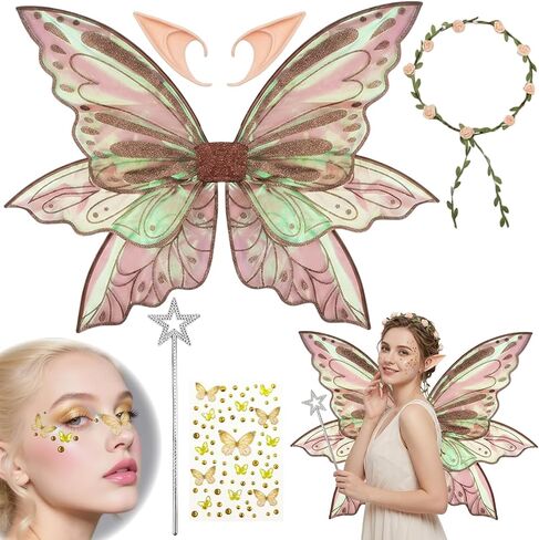 Fairy Wings, Halloween Costumes, 5 PCS Fairy Wings Adult Women Set with Wings Elf Ears Flower Crown Magic Wand and Butterfly Sticker, for Halloween Party and Parties Use by Those Aged 15 and Above in Kuwait