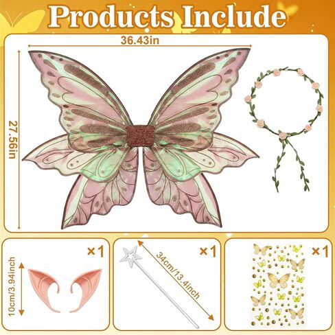Fairy Wings, Halloween Costumes, 5 PCS Fairy Wings Adult Women Set with Wings Elf Ears Flower Crown Magic Wand and Butterfly Sticker, for Halloween Party and Parties Use by Those Aged 15 and Above in Kuwait