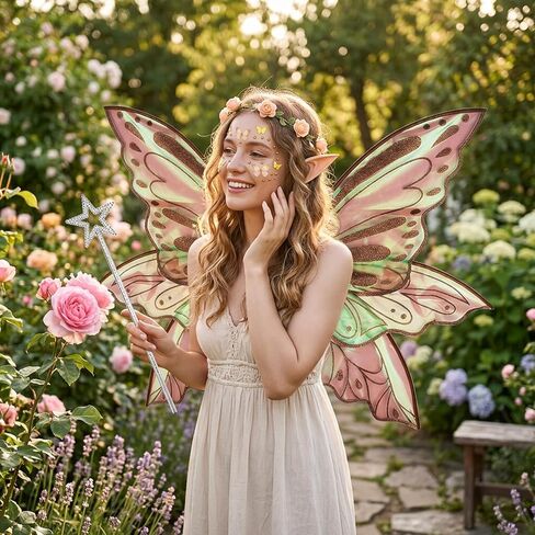 Fairy Wings, Halloween Costumes, 5 PCS Fairy Wings Adult Women Set with Wings Elf Ears Flower Crown Magic Wand and Butterfly Sticker, for Halloween Party and Parties Use by Those Aged 15 and Above in Kuwait
