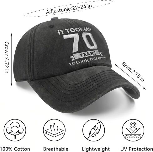 70th Birthday Gifts for Men Women, Adjustable Washed Cotton Embroidered Baseball Cap, Unique 70 Year Old Gift Idea for Men Women in Saudi Arabia