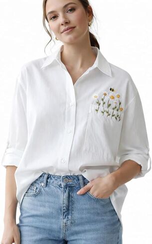 Women’s Linen Oversized Shirt, Hand Embroidered Daisy Bee Pocket, Breathable Loose Fit Summer Blouse in Saudi Arabia