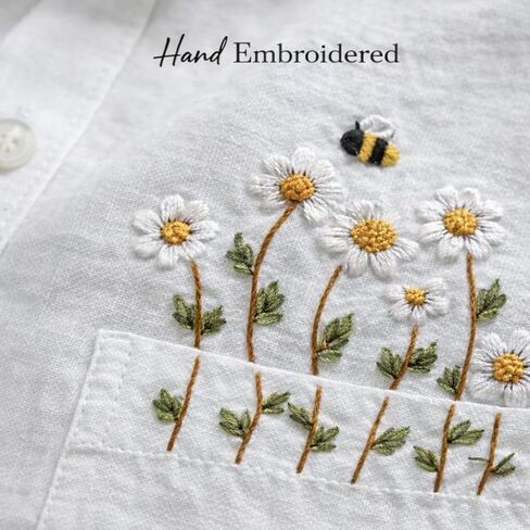 Women’s Linen Oversized Shirt, Hand Embroidered Daisy Bee Pocket, Breathable Loose Fit Summer Blouse in Saudi Arabia