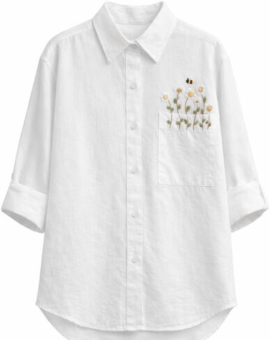 Women’s Linen Oversized Shirt, Hand Embroidered Daisy Bee Pocket, Breathable Loose Fit Summer Blouse in Saudi Arabia