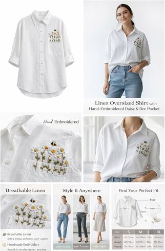 Women’s Linen Oversized Shirt, Hand Embroidered Daisy Bee Pocket, Breathable Loose Fit Summer Blouse in Saudi Arabia