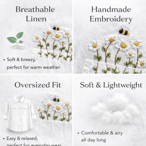 Women’s Linen Oversized Shirt, Hand Embroidered Daisy Bee Pocket, Breathable Loose Fit Summer Blouse in Saudi Arabia