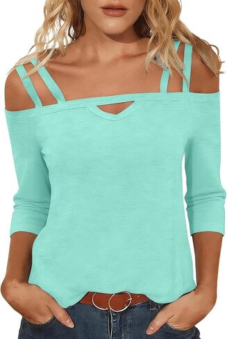 Women's Multi Strap Cold Shoulder Tops V Neck 3/4 Sleeve T Shirt Dressy Casual Blouse Trendy Party Summer Tops in Saudi Arabia