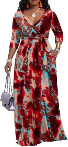 PerZeal Women’s Boho Plus Size V-Neck 3/4 Sleeve Maxi Dress Colorful Floral Print, Casual Summer Long Dress with Belt in Saudi Arabia
