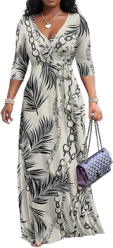 PerZeal Women’s Boho Plus Size V-Neck 3/4 Sleeve Maxi Dress Colorful Floral Print, Casual Summer Long Dress with Belt in Saudi Arabia