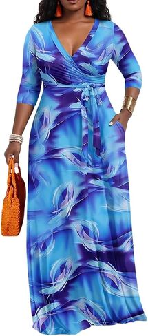 PerZeal Women’s Boho Plus Size V-Neck 3/4 Sleeve Maxi Dress Colorful Floral Print, Casual Summer Long Dress with Belt in Saudi Arabia