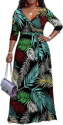 PerZeal Women’s Boho Plus Size V-Neck 3/4 Sleeve Maxi Dress Colorful Floral Print, Casual Summer Long Dress with Belt in Saudi Arabia