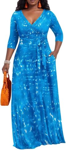 PerZeal Women’s Boho Plus Size V-Neck 3/4 Sleeve Maxi Dress Colorful Floral Print, Casual Summer Long Dress with Belt in Saudi Arabia