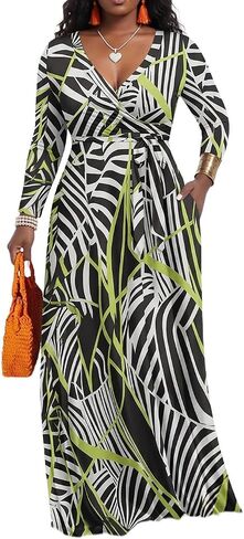PerZeal Women’s Boho Plus Size V-Neck 3/4 Sleeve Maxi Dress Colorful Floral Print, Casual Summer Long Dress with Belt in Saudi Arabia