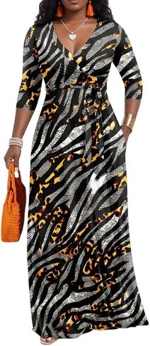 PerZeal Women’s Boho Plus Size V-Neck 3/4 Sleeve Maxi Dress Colorful Floral Print, Casual Summer Long Dress with Belt in Saudi Arabia