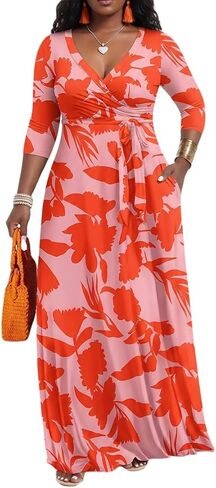 PerZeal Women’s Boho Plus Size V-Neck 3/4 Sleeve Maxi Dress Colorful Floral Print, Casual Summer Long Dress with Belt in Saudi Arabia