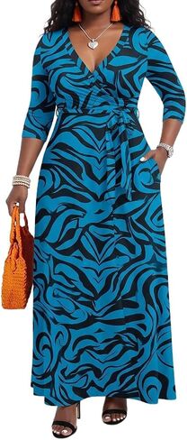 PerZeal Women’s Boho Plus Size V-Neck 3/4 Sleeve Maxi Dress Colorful Floral Print, Casual Summer Long Dress with Belt in Saudi Arabia