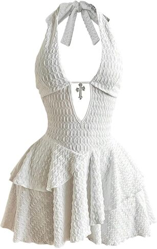 Verdusa Women's Textured Deep V Neck Halter Dresses Ruffle Layered Tie Backless Mini Dress in Kuwait