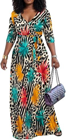 PerZeal Women’s Boho Plus Size V-Neck 3/4 Sleeve Maxi Dress Colorful Floral Print, Casual Summer Long Dress with Belt in Saudi Arabia