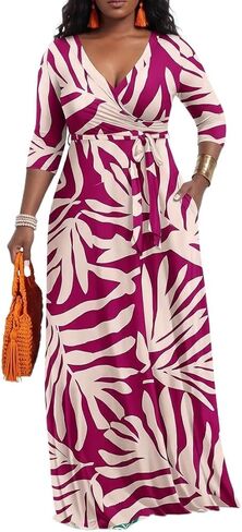 PerZeal Women’s Boho Plus Size V-Neck 3/4 Sleeve Maxi Dress Colorful Floral Print, Casual Summer Long Dress with Belt in Saudi Arabia