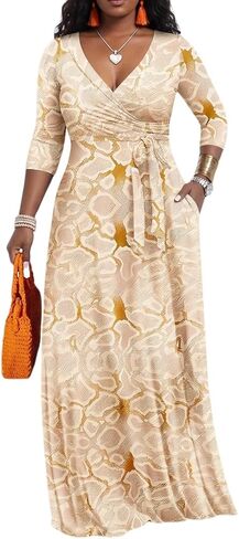 PerZeal Women’s Boho Plus Size V-Neck 3/4 Sleeve Maxi Dress Colorful Floral Print, Casual Summer Long Dress with Belt in Saudi Arabia