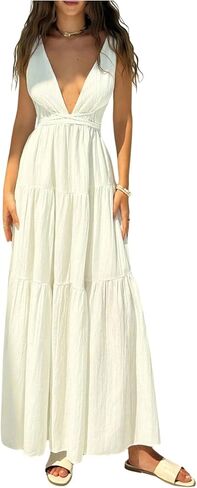WDIRARA Women's Deep V Neck Sleeveless Maxi Dress Backless Ruffle A Line Flowy Dresses in Kuwait