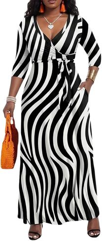 PerZeal Women’s Boho Plus Size V-Neck 3/4 Sleeve Maxi Dress Colorful Floral Print, Casual Summer Long Dress with Belt in Saudi Arabia