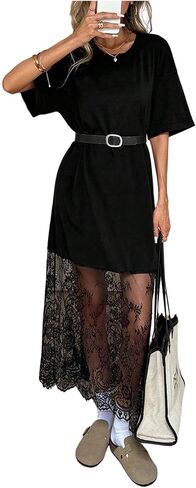 GORGLITTER Women's Lace Maxi Dresses Boho Short Sleeve Crew Neck Concert Birthday Party Vacation Summer T Shirt Dress in Saudi Arabia