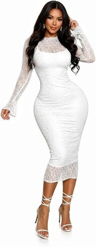 Women's Long Sleeve Lace Bodycon Midi Dress, Black, Mock Neck, Sheer Sleeves, Elegant Party Cocktail in Saudi Arabia