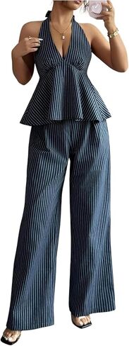 OYOANGLE Women's 2 Piece Striped Outfits Backless Ruffle Halter Peplum Top Wide Leg Pants Business Casual Dressy Set in Saudi Arabia