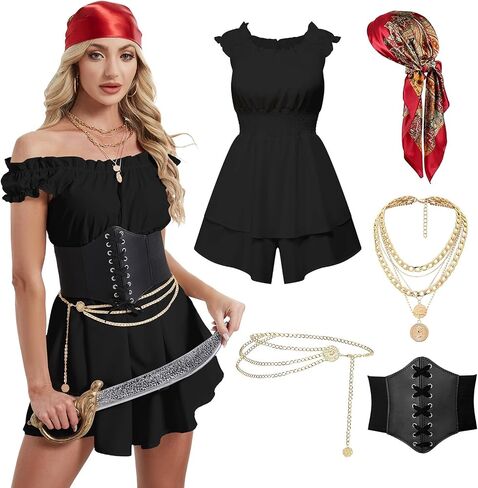 Pirate Costume Women Dress 5pcs Pirate Outfit Accessories Set for Halloween Cosplay Party in Saudi Arabia