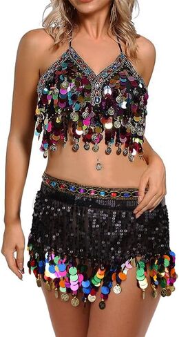 Women Gypsy Costume Belly Dance Outfit Sets Sequin Halter Bra Top-Rainbow Coins Tassel Hip Scarf in Saudi Arabia