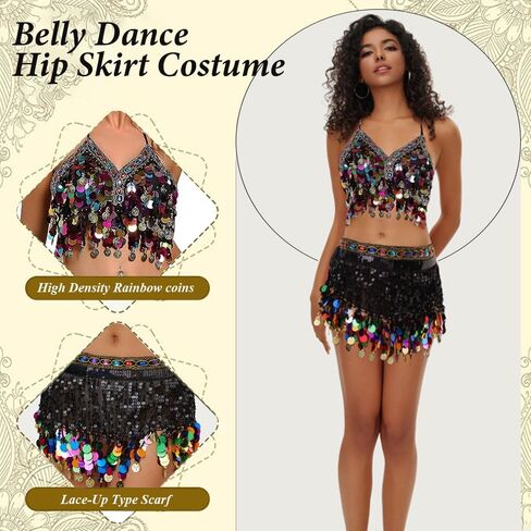 Women Gypsy Costume Belly Dance Outfit Sets Sequin Halter Bra Top-Rainbow Coins Tassel Hip Scarf in Saudi Arabia