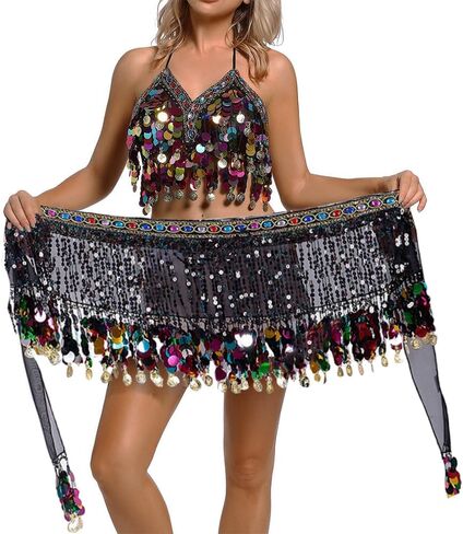 Women Gypsy Costume Belly Dance Outfit Sets Sequin Halter Bra Top-Rainbow Coins Tassel Hip Scarf in Saudi Arabia